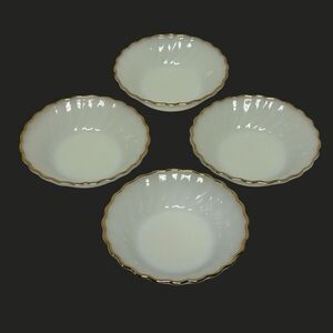 4 Vintage Anchor Hocking Fire King 5” Milk Glass Gold Trim Scalloped Fruit Bowls